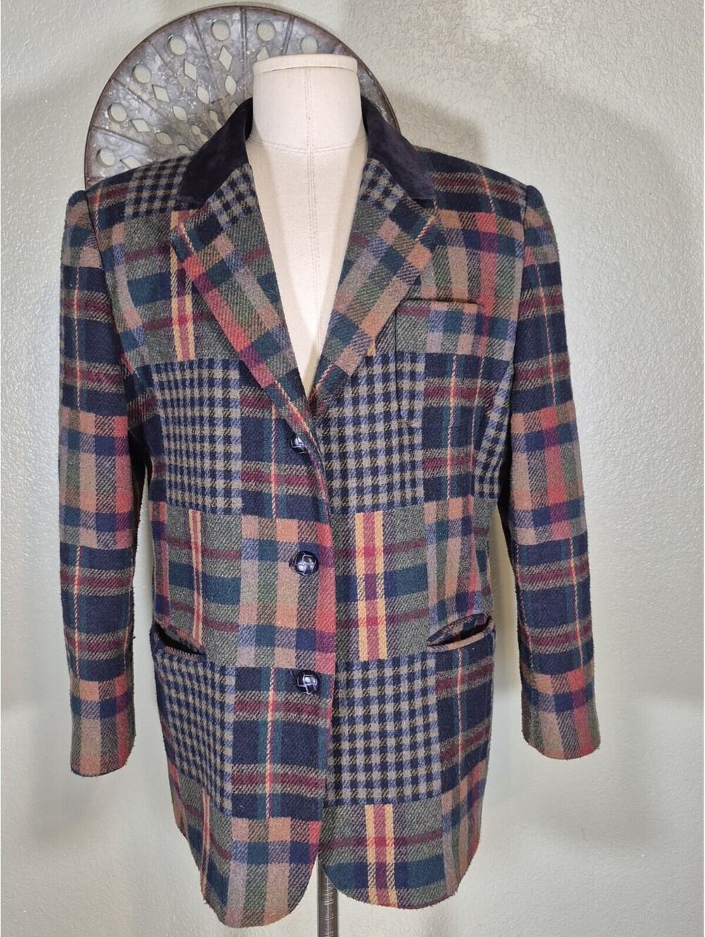 Vintage JC Patchwork Wool Blend Blazer L Suede Collar Plaid Houndstooth 90s